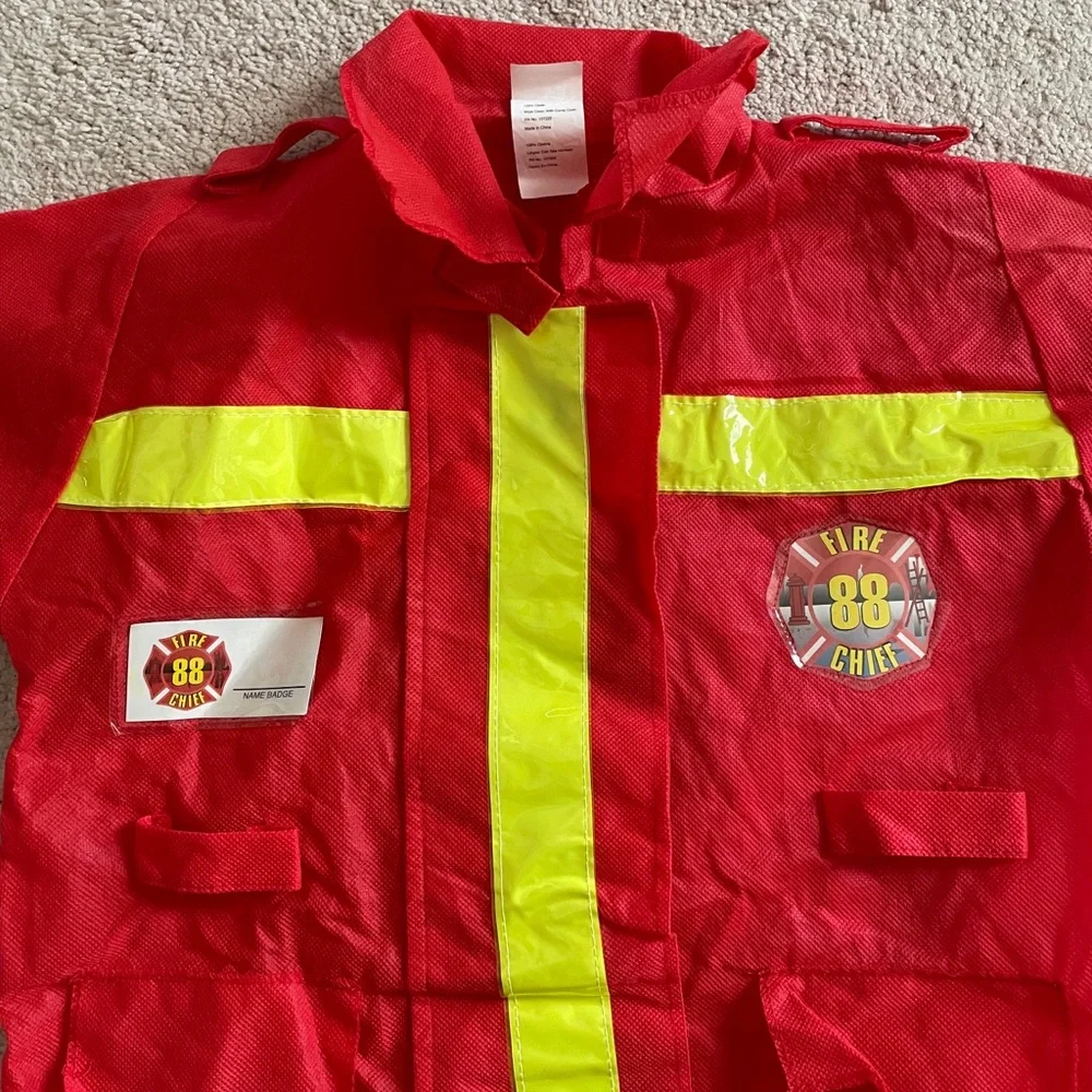 Kids Red Fire Chief Costume Jacket with Yellow Reflective Stripes